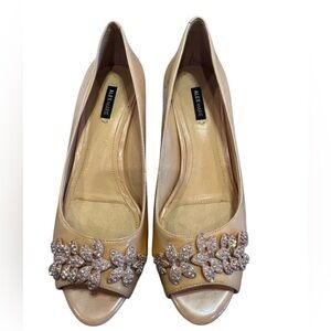 Alex Marie Jeweled Beaded Rhinestone Peep Toe Nude Beige Pump Heel Shoe Sz 7.5